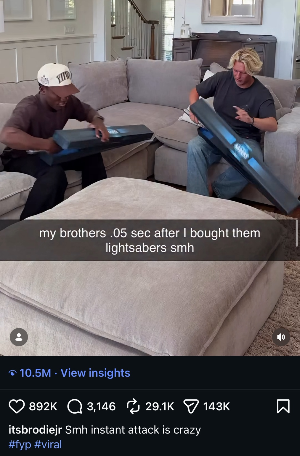 Two brothers opening their SWA Sabers packages in a viral social post